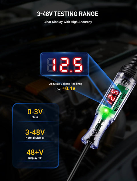 Compact automotive test light with a 3 to 48V LED digital display showing voltage reading of 12.5V for battery checks and diagnostics.