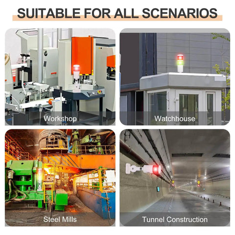 Images showing the 2 Layer LED Warning Signal Light Tower With Built In Buzzer 12 To 24V 10A Industrial Stack Light in various settings.