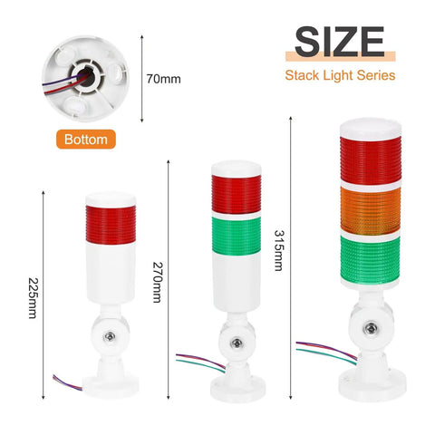 2 Layer Led Warning Light Tower With Loud Buzzer For Industrial Machinery 12 To 24 Volt 10 Amp Column Signal Tower With Steady Light Four Wire White By Patikil, showing different sizes with wiring details, labeled Stack Light Series.