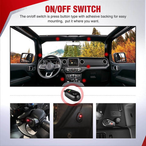 Interior car view showing on-off switch of 12V LED Light Bar Wiring Harness Kit With On Off Switch, Power Relay And Blade Fuse Universal Vehicle