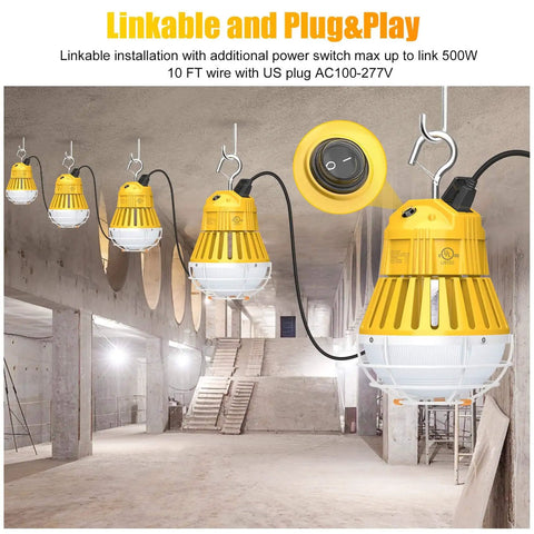 LED Temporary Work Light 100W 13000LM 5000K Portable Hanging Construction Light With 10Ft Cord And Sturdy Hooks Linkable Design
