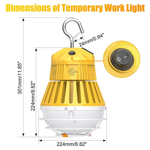 Dimensions of LED Temporary Work Light 100W 13000LM 5000K Portable Hanging Construction Light With 10Ft Cord And Sturdy Hooks