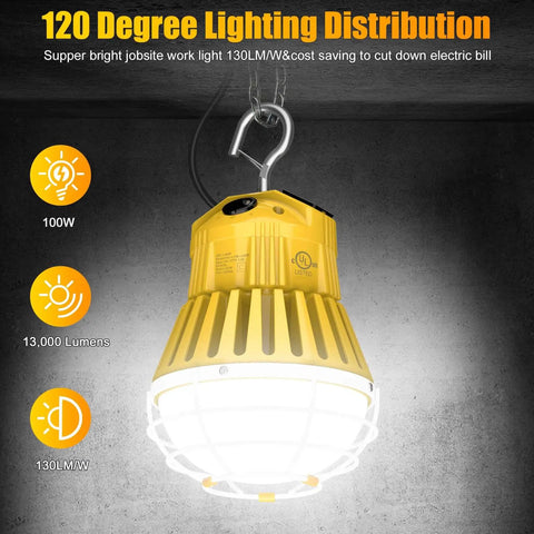 LED Temporary Work Light 100W 13000LM 5000K Portable Hanging Construction Light With 10Ft Cord And Sturdy Hooks Linkable Design
