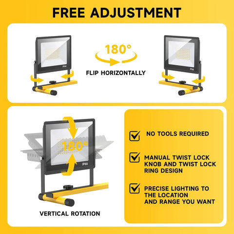 Ultra Bright Plug In LED Work Light With Stand 28,000 Lumen 110V Outdoor Flood Light With 4 Adjustable Heads Foldable Tripod Portable Waterproof featuring adjustable head tilt