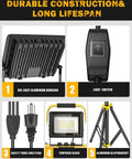 Ultra Bright 21000 Lumen 3 Head LED Work Light With Tripod Stand IP66 Waterproof details, including switch and plug.