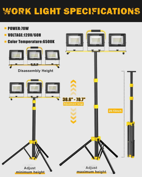 Ultra Bright 21000 Lumen 3 Head LED Work Light with Tripod Stand shown disassembled and assembled with dimensions