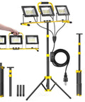Ultra Bright 21000 Lumen 3 Head LED Work Light with tripod stand, showing adjustable detachable heads and foldable design.