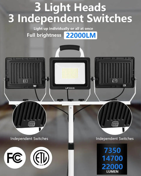 Ultra Bright 22000 Lumen LED Work Light With Stand, 3 Head Portable Work Lamps With Independent Switches, Waterproof Metal Telescoping Tripod
