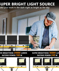 Ultra Bright 36000 Lumen LED Work Light With 3 Foldable Heads On A Sturdy Stand displayed in a workshop setting.