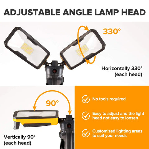Ultra Bright LED Work Light With Telescoping Tripod, Beast Mode Brightness, Dual Head Design, adjustable angle lamp head