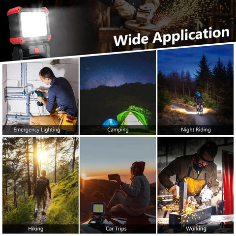 Rechargeable LED Clip On Work Light With Clamp 2 Pack 2100 Lumen COB Magnetic Work Lights shown in various applications like camping and car trips.