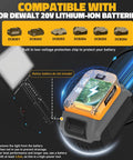 Heavy Duty 10000LM LED Work Light with Stand for Dewalt 20V Battery not included and compatible battery types shown.