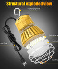 Exploded view of LED Temporary Work Light 100W 13000LM 5000K Portable Hanging Construction Light with hook, cord, and protective cage.