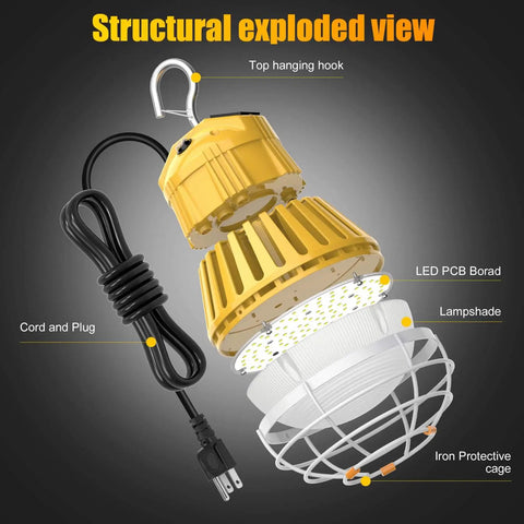 Exploded view of LED Temporary Work Light 100W 13000LM 5000K Portable Hanging Construction Light with hook, cord, and protective cage.
