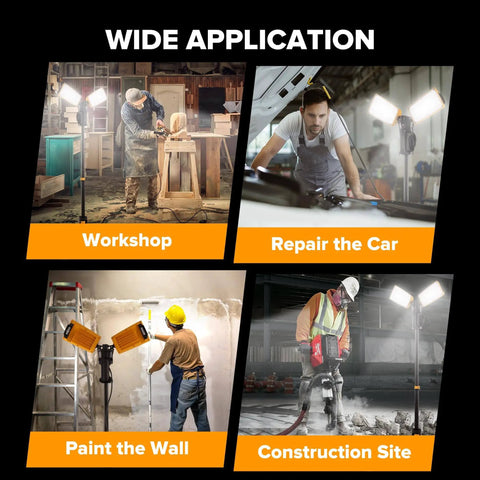 Upgraded 6290Pro 15000 Lumen 105 Watt Dual Head LED Work Light with Telescoping Tripod in various job site applications