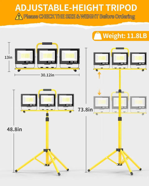 LED Work Light With Stand, 26400 Lumen Triple Head Portable Work Light On Foldable Tripod, 26 Ft Cord, IP66 Waterproof
