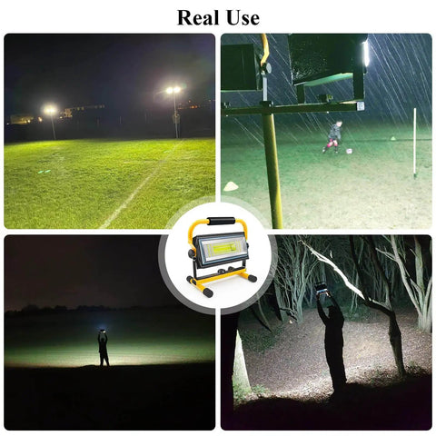 Rechargeable 100W LED Work Light With Beast Mode Brightness And 7000LM Output lighting up outdoor activities at night.