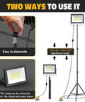 Massive 20000LM LED Work Lights With Stand For Dewalt Battery, adjustable tripod mount with detachable light feature.