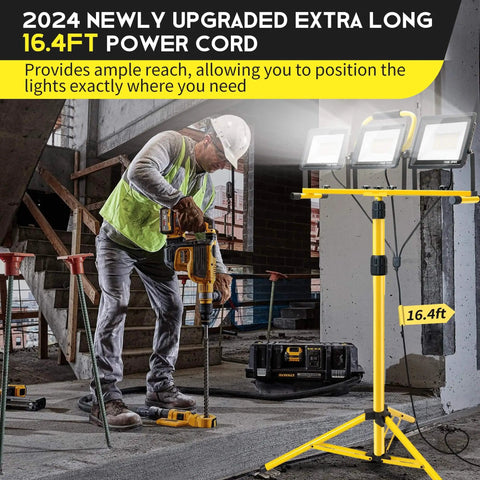LED Work Light With Stand Pacolit P 21000 Lumen 3 Head Adjustable Individual Switches IP66 Waterproof Foldable Tripod 16.4 ft Cord