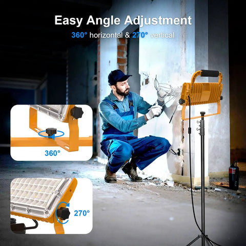 Bright 6500LM LED Work Light With Stand, 500W Equivalent Flood Light, IP67 Waterproof, used on construction site wall