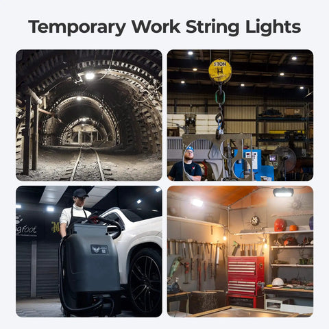 Ultra Bright 90W LED Work Light String, 10800LM, ETL Listed displayed in tunnels and garages, showing illumination