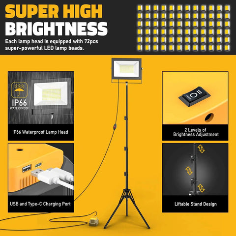 Heavy Duty 10000LM LED Work Light With Stand For Dewalt 20V Battery Not Included 100W Portable Tower Flood Light On Tripod