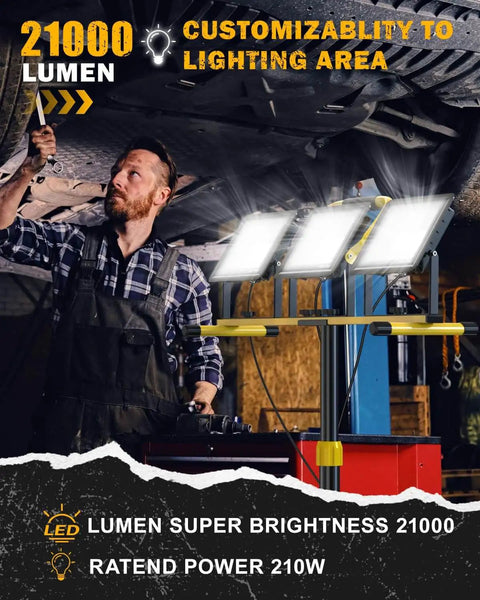 Man using Ultra Bright 21000 Lumen 3 Head LED Work Light with Tripod Stand in garage for under-car repairs