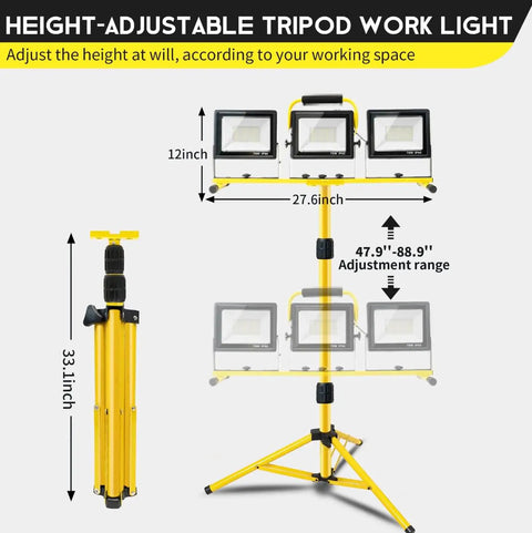 LED Work Light With Stand Pacolit P 21000 Lumen 3 Head Adjustable Individual Switches IP66 Waterproof Foldable Tripod setup diagram