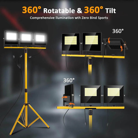 Ultra Bright 36000 Lumen LED Work Light With 3 Foldable Heads On A Sturdy Stand showing rotatable angles and tilt options