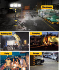 Beastly Bright 21000 Lumen LED Work Light with Stand illuminating various settings like storehouse, building site, camping, and garage.