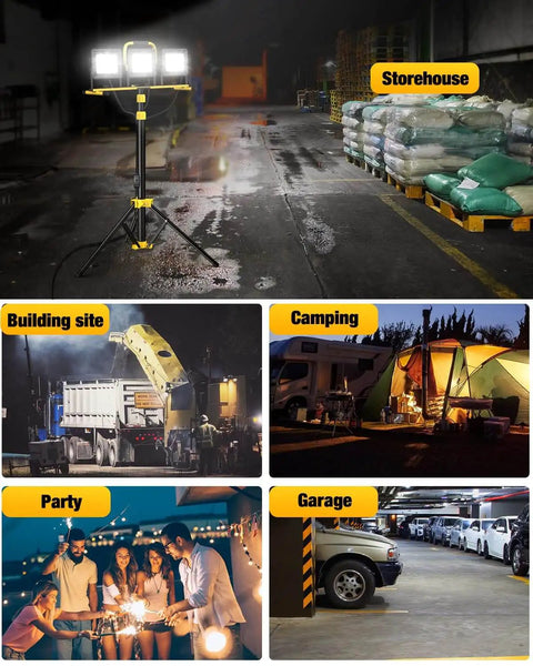Beastly Bright 21000 Lumen LED Work Light with Stand illuminating various settings like storehouse, building site, camping, and garage.