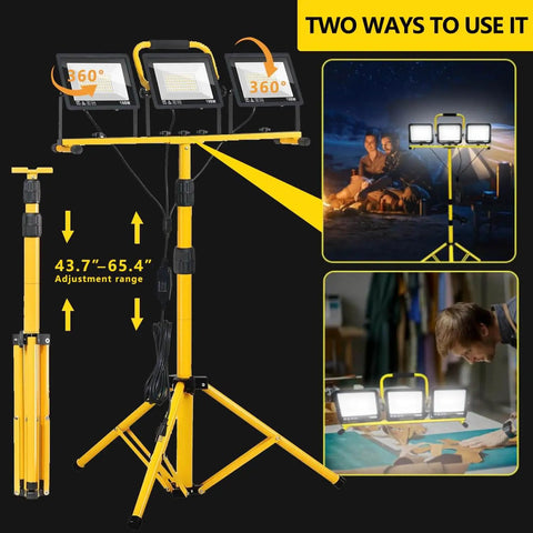 Ultra Bright 32000 Lumen LED Work Light On Tripod For Jobsite And Workshop With 3x100W Three Head Floodlights 120V Plug In