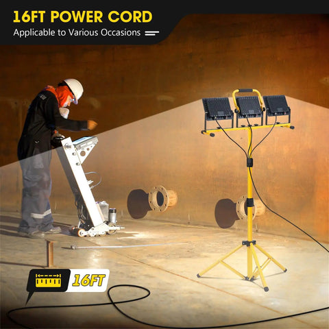 Worker using 21000 Lumen LED Work Light With Stand 3 Head Portable Tripod Light With 16 Foot Cord IP66 Waterproof indoors