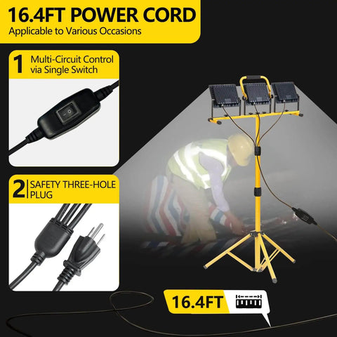 Ultra Bright 32000 Lumen LED Work Light On Tripod For Jobsite And Workshop With 3x100W Three Head Floodlights 120V Plug In