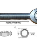 Left hand Heim joint rod end with 3/4 inch bore and 4 inch long shank, 3/4-16 threaded chromoly joint with jam nut