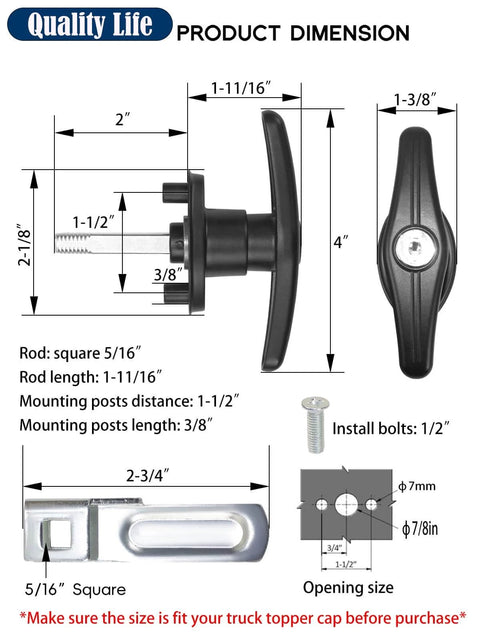 Left T Handle Camper Shell Lock Replacement Kit For Truck Cap With Keys Durable Lock Latch dimensions and components