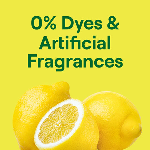 Image of fresh lemons with text '0% Dyes & Artificial Fragrances' for Seventh Generation Dishwasher Detergent Liquid Gel, Lemon Scent, 42 Oz.
