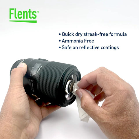 Flents lens wipes front view packaging with logo; hands using wipe to clean camera lens.