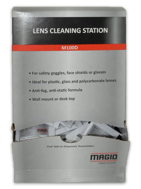 Lens Cleaning Station box with towelettes, silicone-free, for safety goggles and glasses, packed in a 100-count dispenser.