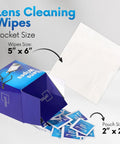 Front view of Amazon Lens Cleaning Wipes box with individual packets; 500 wipes, pocket size 5×6 in, pouch 2×2 in.