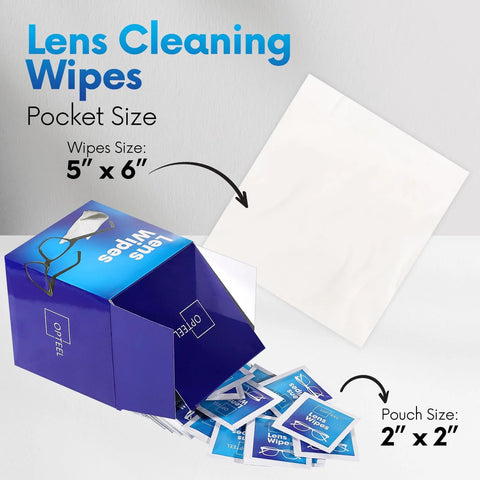 Front view of Amazon Lens Cleaning Wipes box with individual packets; 500 wipes, pocket size 5×6 in, pouch 2×2 in.