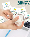 Individually Wrapped Lens Cleaning Wipes 210 Count For Eyeglasses And Sunglasses used on glasses with packaging in view