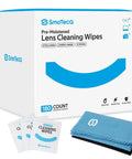 Lens Wipes And Microfiber Cloths Value Kit For Eyeglasses And Screens with 180 count box and two blue cloths.