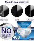 Packaging of Pre-Moistened Glasses Wipes For Eyewear And Screens Ammonia Free 400 Count showing cleaning effectiveness.