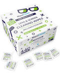 Box of 440 individually wrapped lens wipes for glasses and devices; labeled for streak-free clarity and pre-moistened use.