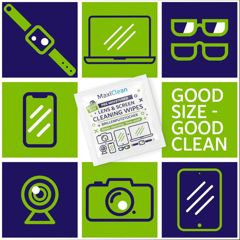 Individually Wrapped Lens Wipes For Glasses And Devices Streak Free Clarity with icons of devices like glasses, smartphone, and laptop.