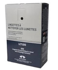 Box of Individually Packaged Lens Towelettes No Streaks 100 Count Glasses And Screens with bilingual packaging.