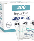 Pre-Moistened Lens Wipes For Eyeglasses Individually Wrapped Streak Free 200-count box with three sample wipes in front