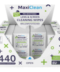 Box of individually wrapped lens and screen cleaning wipes, 440 count, for streak-free clarity on glasses and devices.