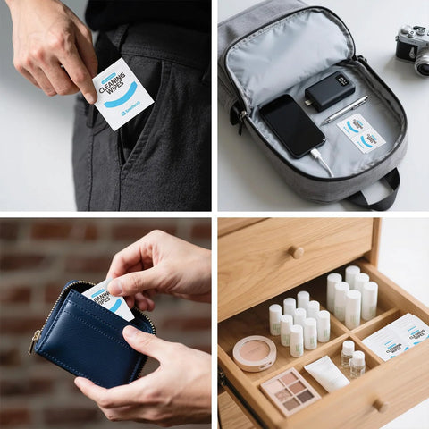 Lens Wipes And Microfiber Cloths Value Kit for Eyeglasses And Screens, shown in different storage scenarios.